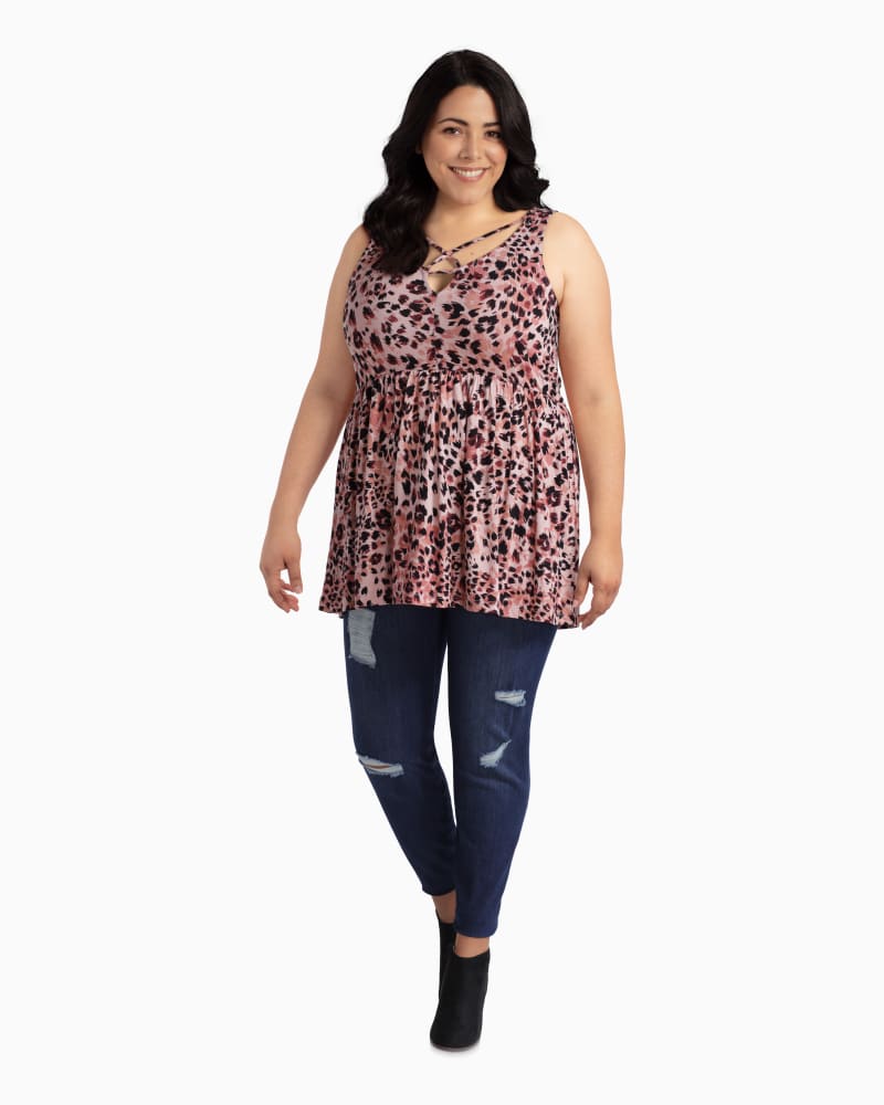 Plus size model with rectangle body shape wearing Renee Lattice Neckline Top by Prescott New York | Dia&Co | dia_product_style_image_id:112291